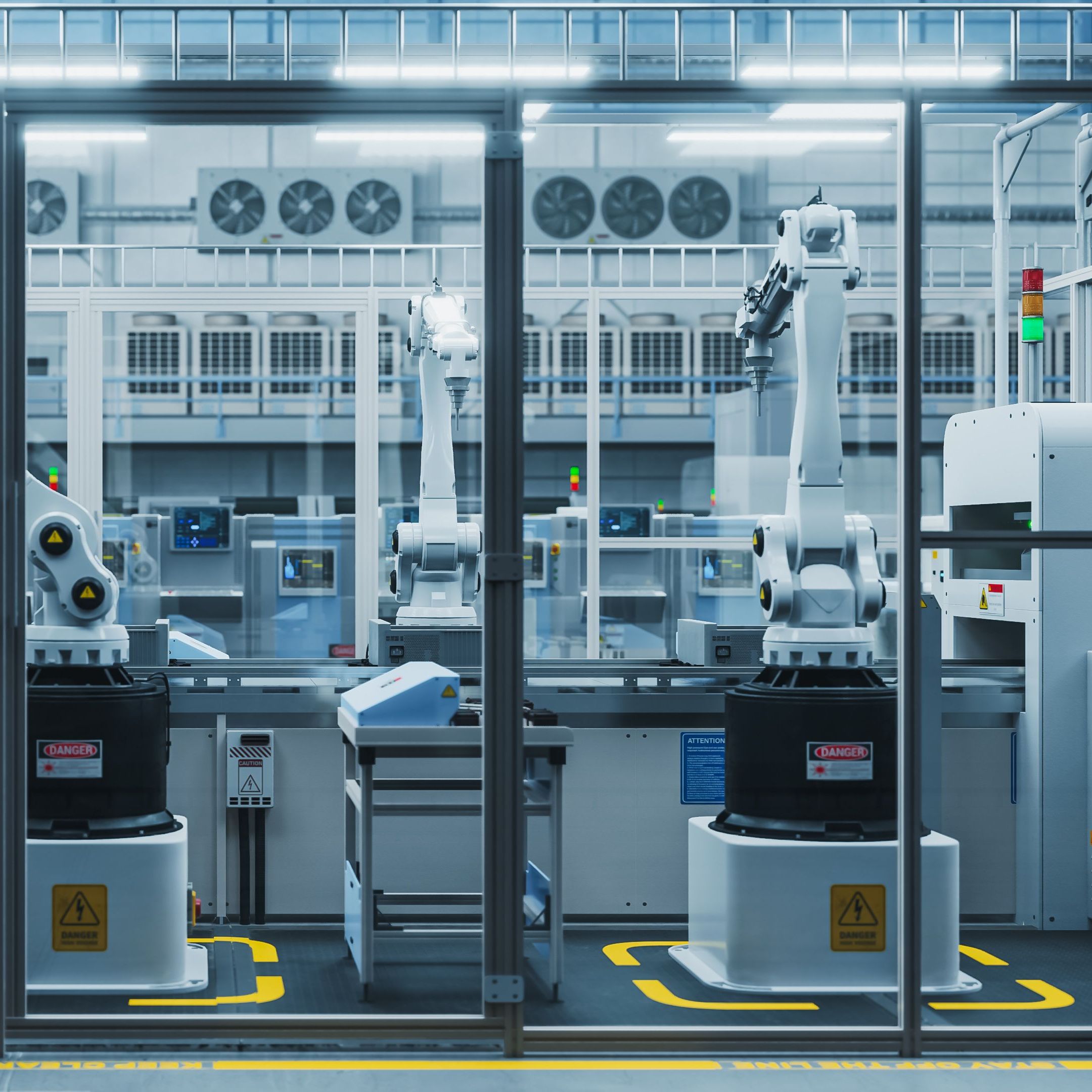3D Render Of Robotic Arm Conveyor Line Manufacturing Industrial Electronic Devices. Advanced Automated AI Assembly Line Producing High-Tech Products for the Information Technology Industry.